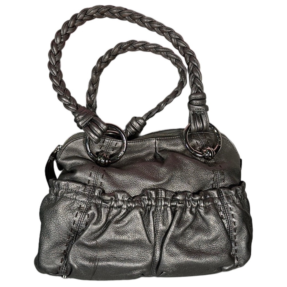 B. MAKOWSKI Pebbled Leather Hobo Bag A211928 Grey Pockets Braided Straps Classic